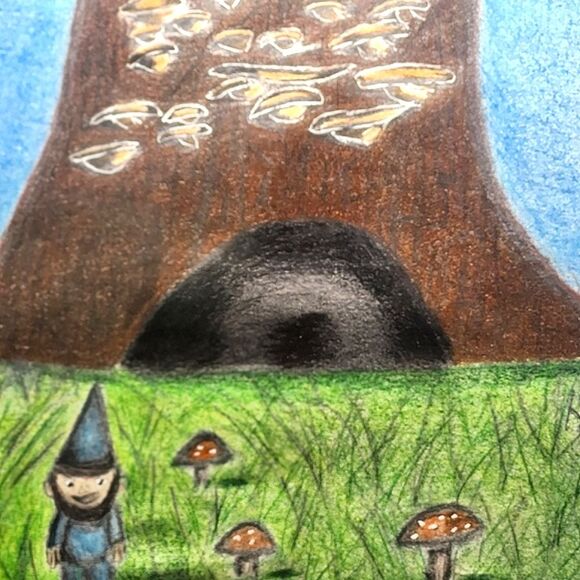 Hand Crafted Gnome Tree House Colored Pencil Drawing Framed 9x11" - Picture 3 of 13